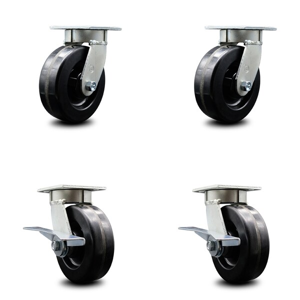 6 Inch Kingpinless Phenolic Wheel Swivel Caster Set with 2 Brakes